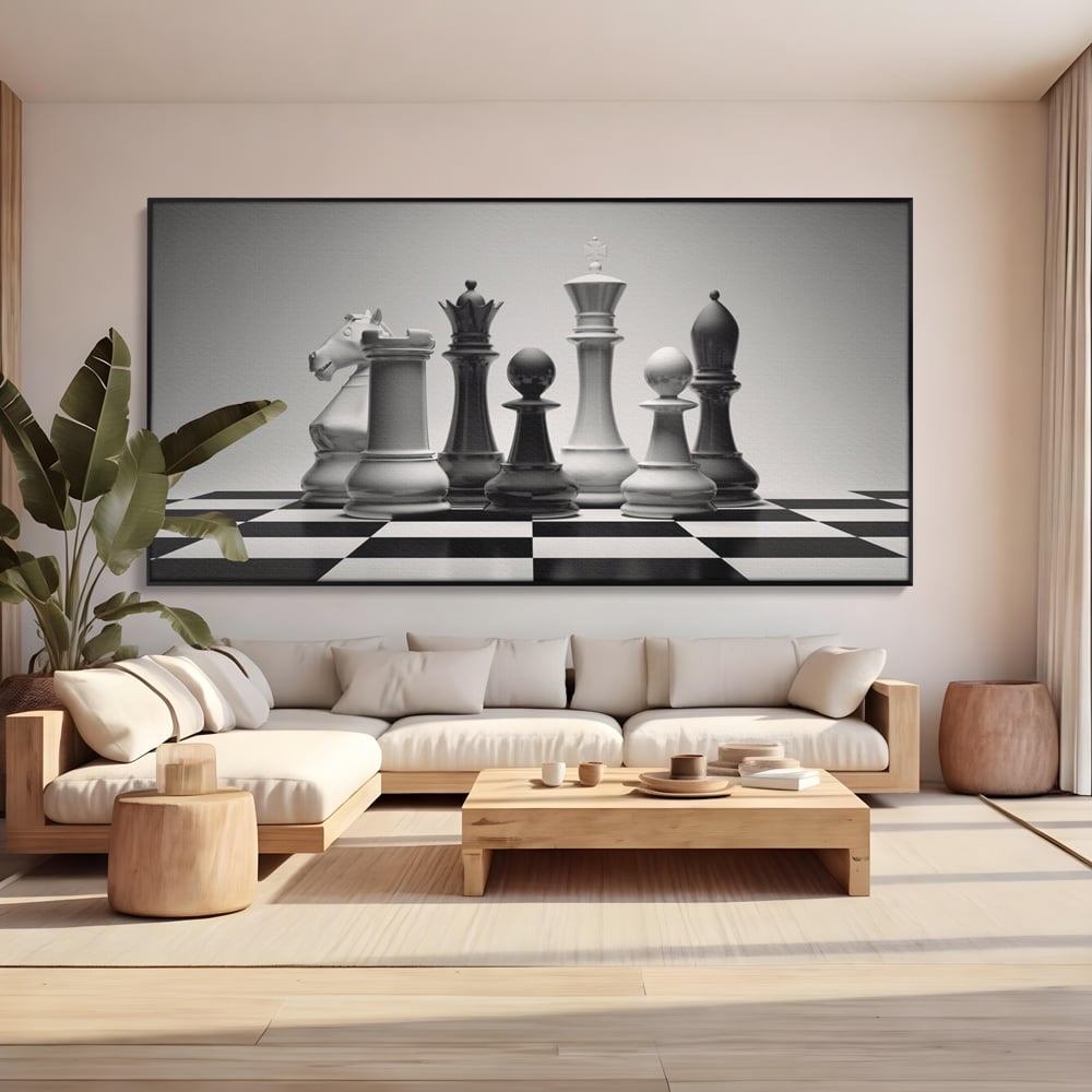Tablou canvas cu tablou canvas cu piese de sah alb-negru, in rama de aluminiu negru, pe perete intr-un living